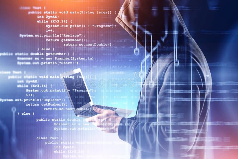 Hacker with laptop, code and circuit interface stock photos