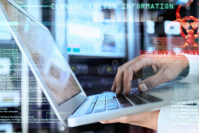Hacker, laptop and hands with credit card information typing data with digital cybersecurity overlay for information stock photo