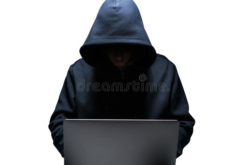 Hacker with laptop, isolated portrait stock photography