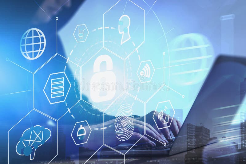 Hacker with laptop, online security interface stock images