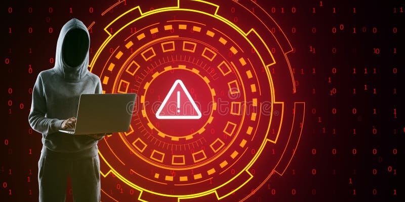Hacker with laptop and warning icon, cybersecurity concept stock photos