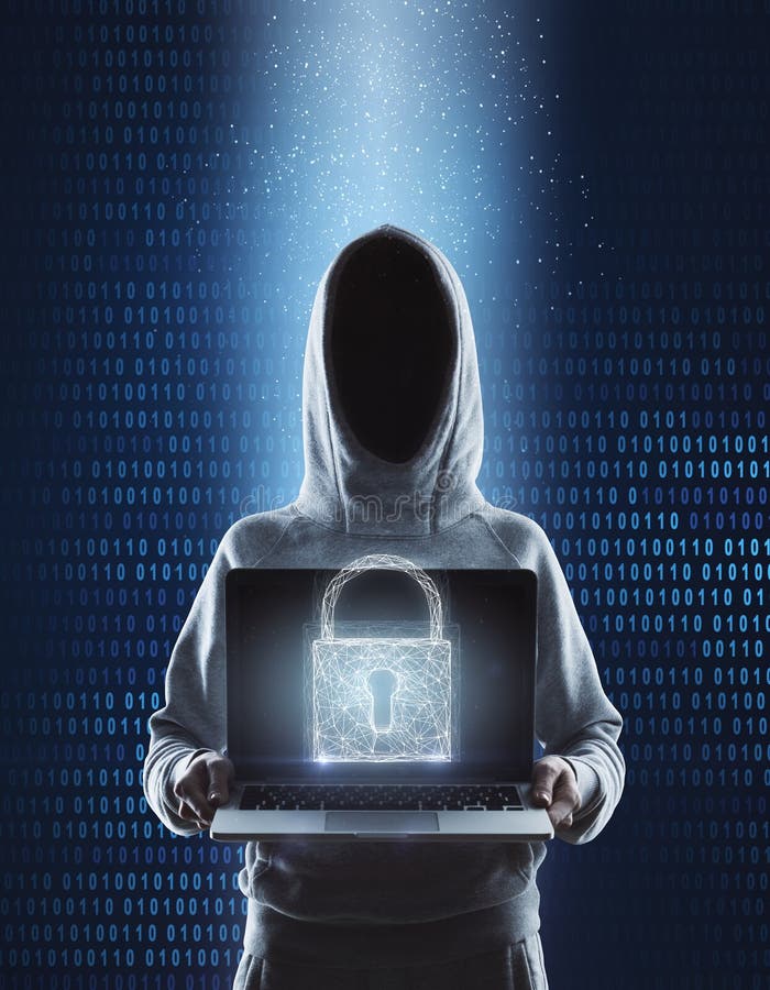 Hacker with locked laptop royalty free stock photo