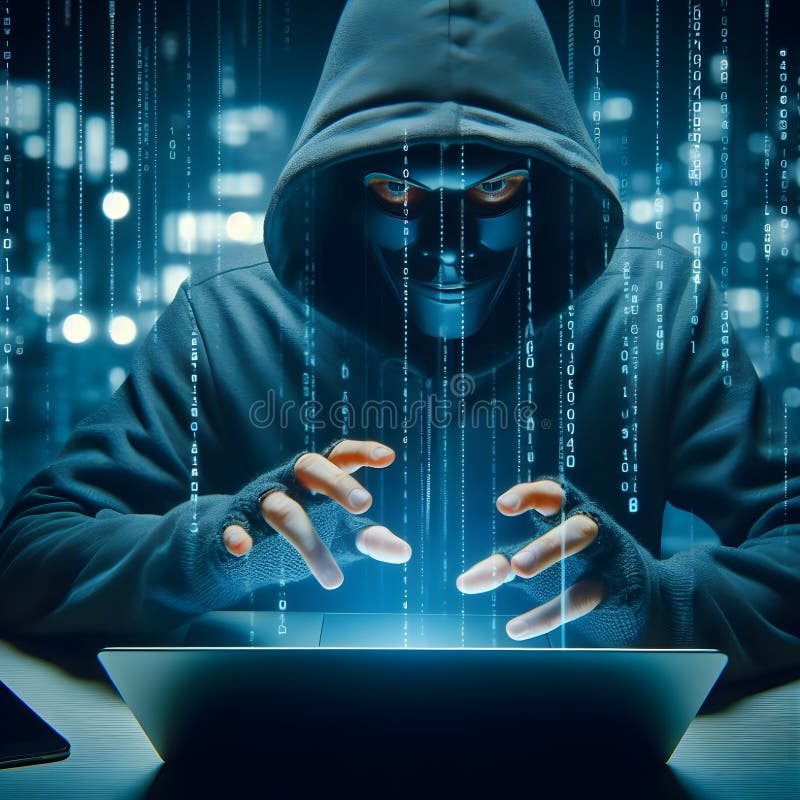 Hacker maligni mascherati con pioggia digitale portatile illustrazione vettoriale
