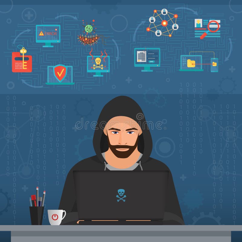 Hacker man hacking secret data on the laptop. Icon set. Modern transperance flat vector illustration. royalty free illustration Hacker man hacking secret data on the laptop. Icon set. Modern transperance flat vector illustration. royalty free illustration