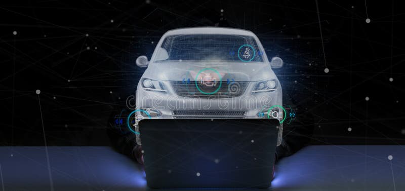Hacker Man holding an smartcar concept 3d rendering vector illustration.
