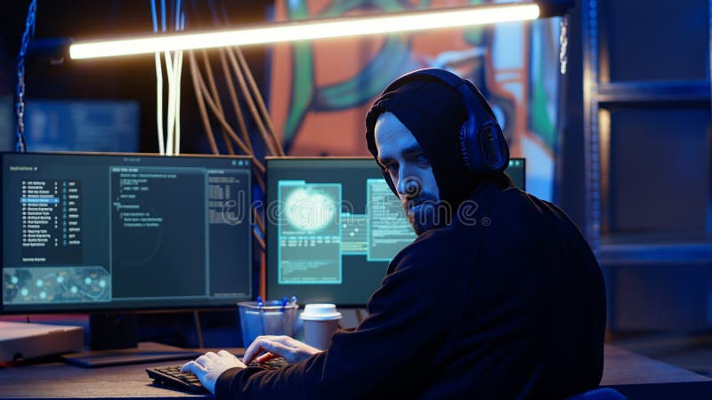 Hacker mirando con ansiedad el hombro con miedo a ser atrapado e ir a la cárcel fotografía de archivo