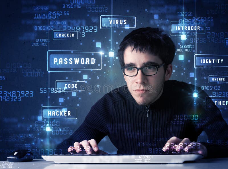 Hacker programing in technology enviroment with cyber icons stock photography