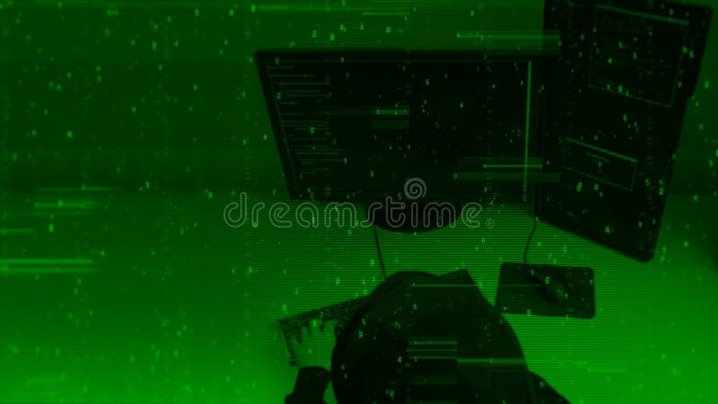 Hacker programmer typing code on green terminal computer monitor stock illustration
