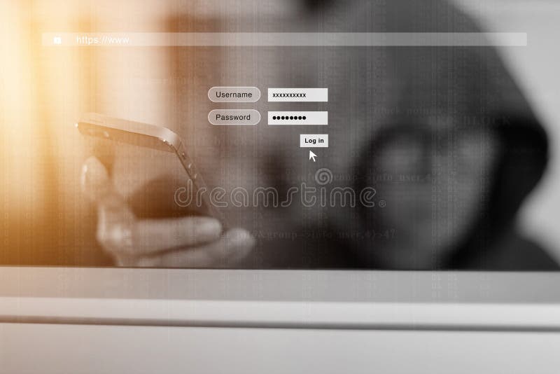 Hacker que usa o smartphone e a tela do fazer logon com um código digital Conceito da segurança do Cyber imagens de stock Hacker que usa o smartphone e a tela do fazer logon com um código digital Conceito da segurança do Cyber imagens de stock