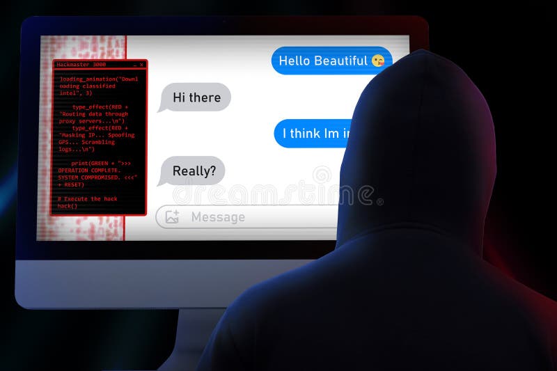 Hacker scams a victim through a dating app, representing online fraud and cybercrime. Computer screen shows a chat conversation and hacking code, symbolizing phishing, identity theft. Coding text hacker concept stock images, royalty-free photos and pictures