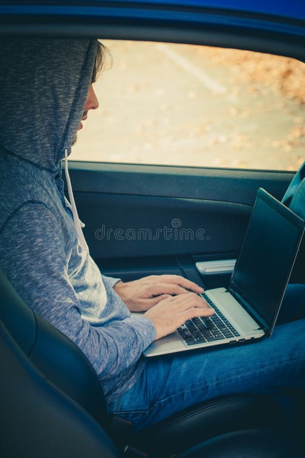 Hacker Sit Car His Laptop Stock Photos Free & RoyaltyFree Stock