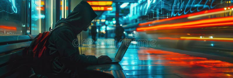 A hacker sits in a metro station, engaged with a laptop while surrounded by the bustling movement of commuters and stock illustration