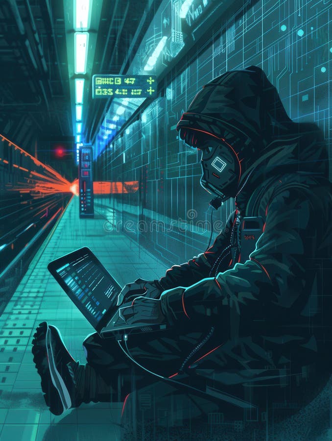 A hacker sits in a metro station, using a laptop and highlighting the dangers of unsecured public Wi-Fi networks royalty free stock photo