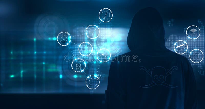 Hacker standing and prepare to attack with cyber crime icons on stock illustration