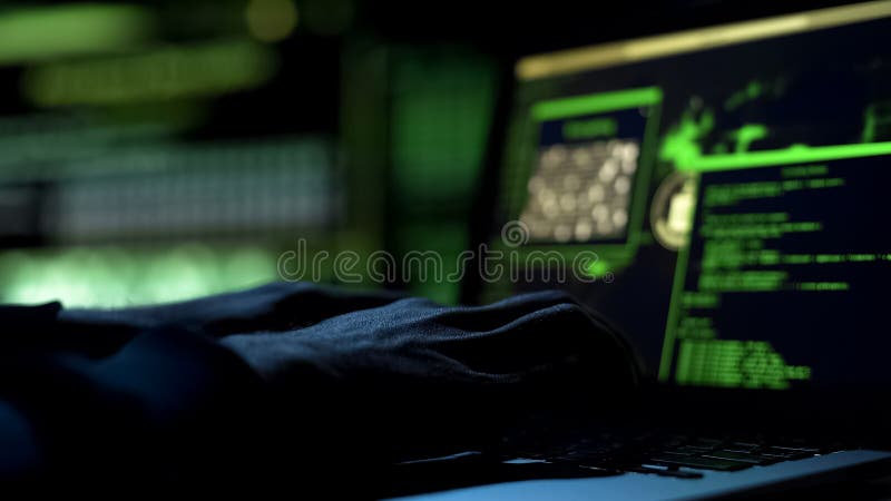 Hacker typing computer code, security program for database, hands closeup, stock photo. Processing script stock images, royalty-free photos and pictures