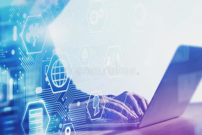 Hacker typing on laptop, online security interface royalty free stock photography