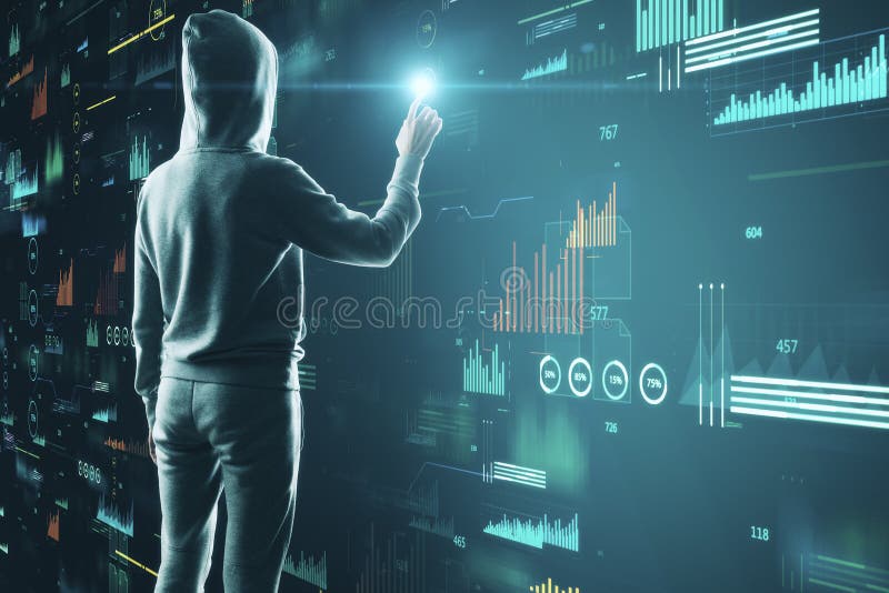 Hacker using blurry big data interface vector illustration