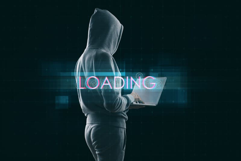 Hacker Using Computer with Abstract Creative Digital Text Hologram on ...