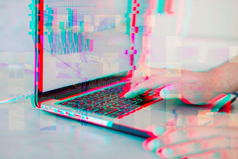 Hacker using computer and code graph bar data analytsis element for cyber technology concept with glitch stock image