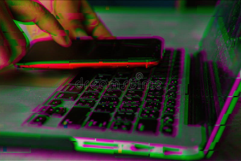 Hacker using computer and phone for analytsis cyber technology with glitch royalty free stock photography