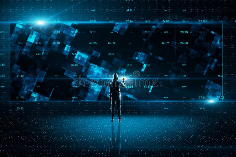 Hacker using creative glowing stock data hud vector illustration