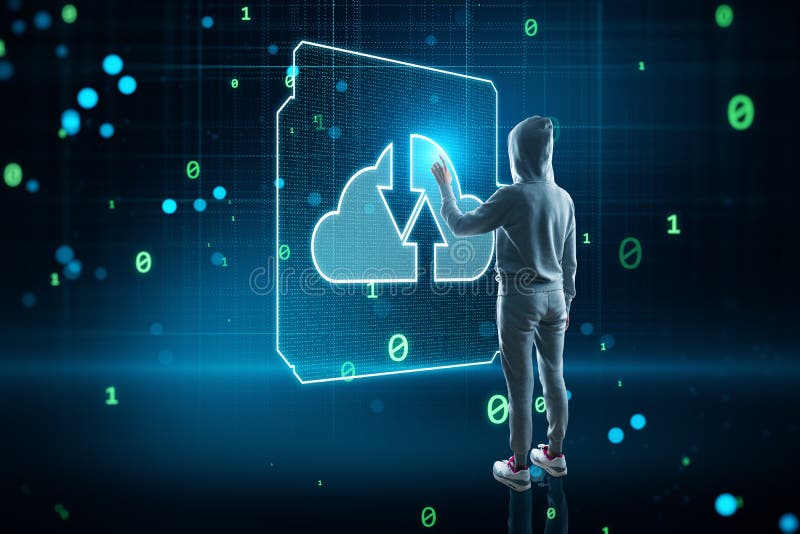 Hacker using glowing cloud computing circuit hologram on background. Data storage, hacking and technology concept stock photography