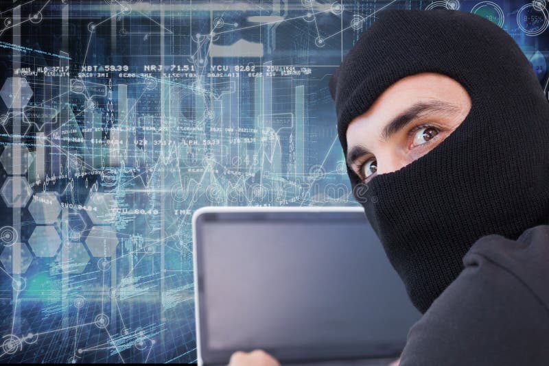 Hacker using his computer with cover face royalty free illustration