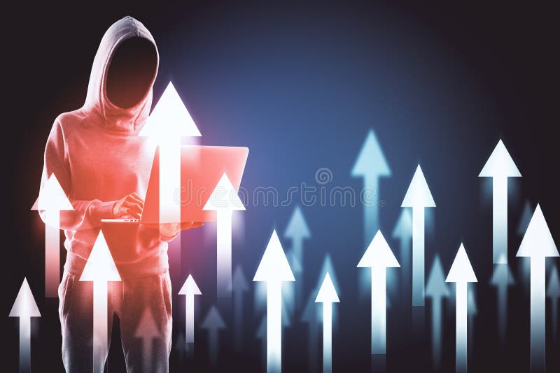 Hacker using laptop with abstract digital arrow hologram stock illustration