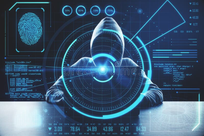 Hacker using laptop with abstract glowing finger print interface royalty free stock image