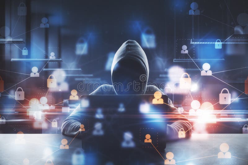 Hacker using laptop with abstract padlock network hologram royalty free stock image