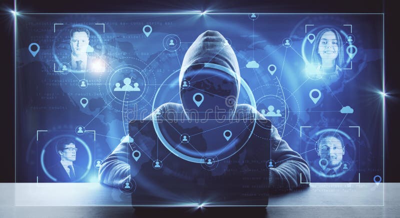 Hacker using laptop with abstract social media network royalty free stock image