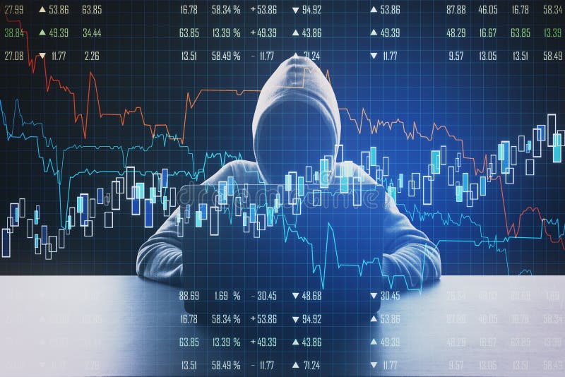 Hacker using laptop with business charts and financial analytics stock illustration