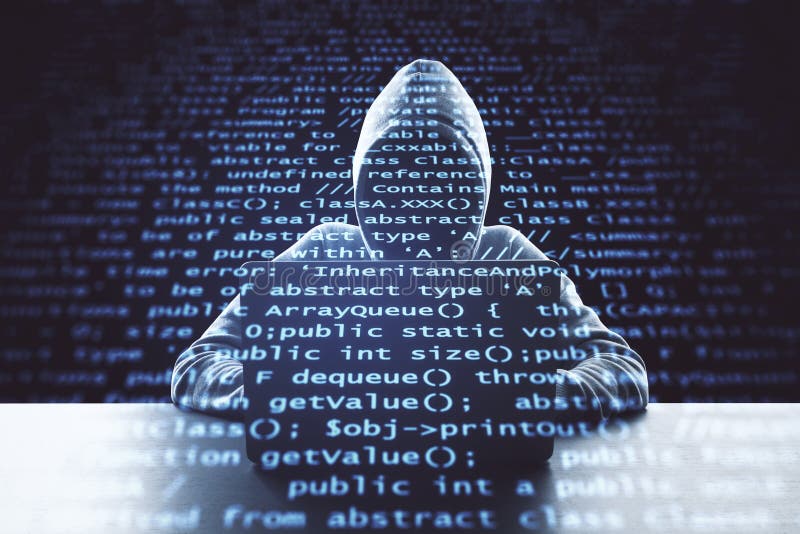 Hacker using laptop computer with programming code royalty free stock photos