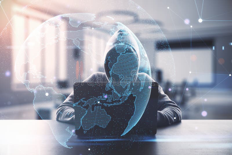 Hacker using laptop with digital globe in blurry office interior. Hacking, malware and cloud computing concept. royalty free stock photography