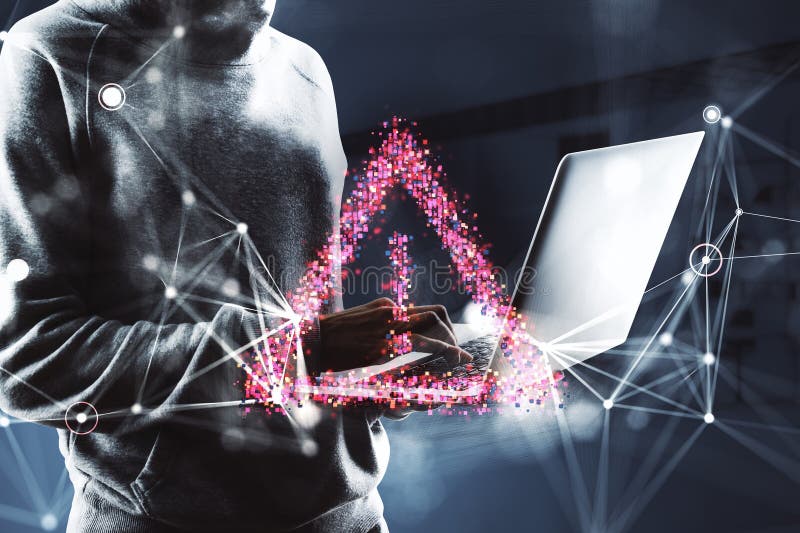 Hacker using laptop with digital warning triangle hologram on dark background. 3D Rendering vector illustration
