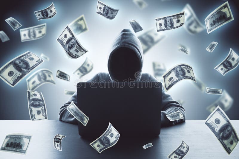 Hacker using laptop and falling dollar banknote royalty free stock photos