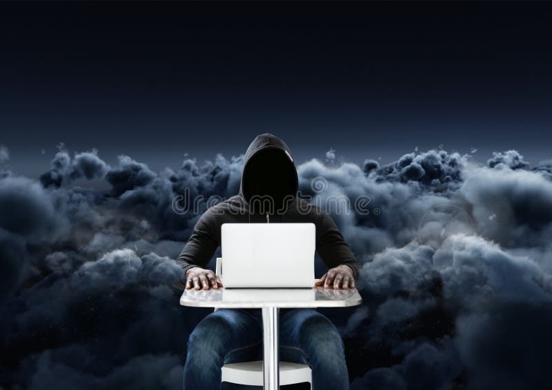 Hacker using a laptop in front of cloudy black background stock illustration