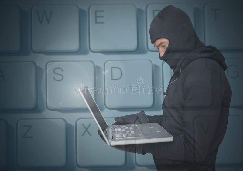 Hacker using a laptop in front of digital background of keyboard vector illustration