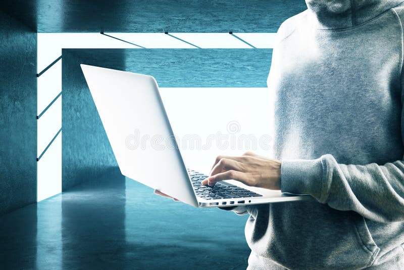 Hacker using laptop in gallery interior stock illustration