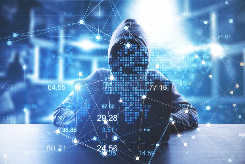 Hacker using laptop with glowing data interface royalty free stock photography