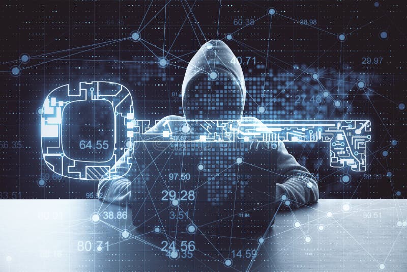 Hacker using laptop with glowing digital key royalty free illustration