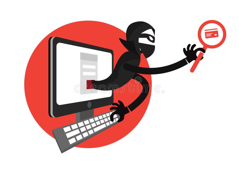 Hacker using a laptop and holding a credit card in front of computer vector illustration Hacker using a laptop and holding a credit card in front of computer vector illustration