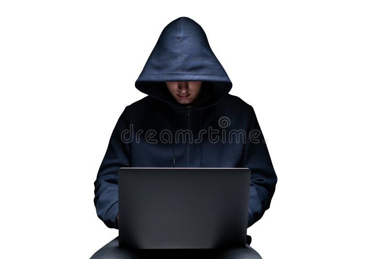 Hacker using laptop, isolated portrait royalty free stock photos