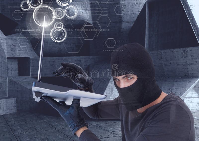 Hacker using a laptop in a minimalist room vector illustration