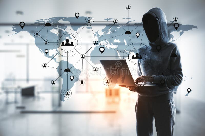 Hacker using laptop and remote work interface royalty free stock photo