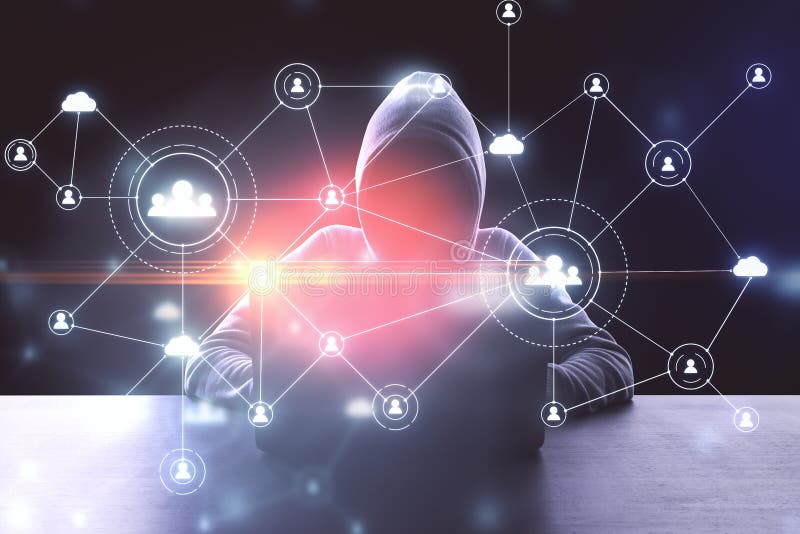 Hacker using laptop with social network interface royalty free stock image