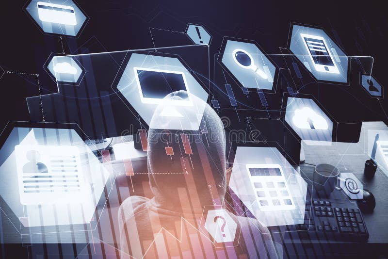 Hacker using personal computer with glowing digital business interface vector illustration
