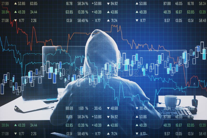 Hacker using personal computers with stock charts and financial analytics royalty free illustration