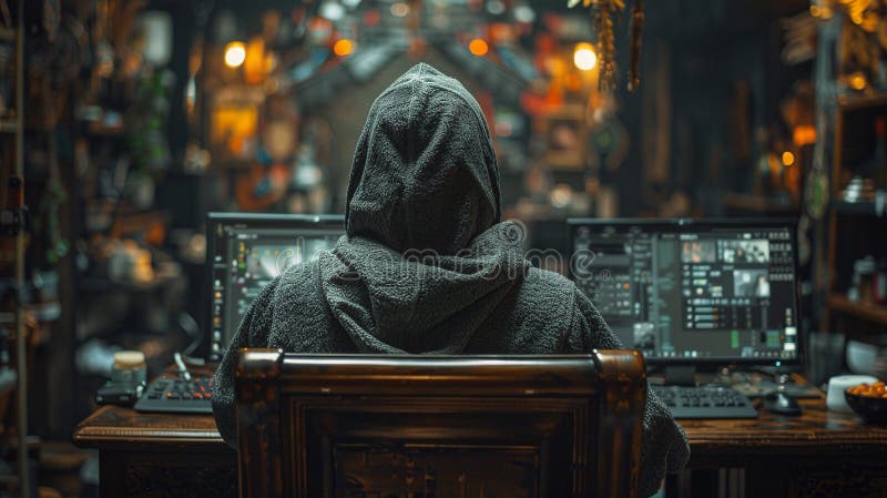 A hacker wearing a hoodie, seated in front of a monitor. AI Generated. Internet crime. A hacker wearing a hoodie, seated in front of a commanding monitor, engrossed in the process of deciphering intricate lines of code.