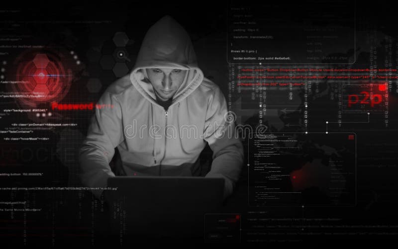 Hacker at work with graphic user interface around